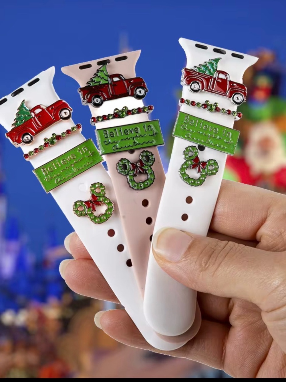 Disney Red Truck & Green Holiday Charms Apple Watch Band Decorations